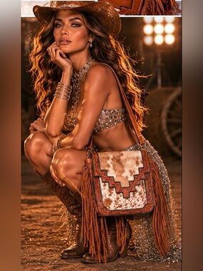 Tooled Leather Hair On Hide Fringe Crossbody Western Cowgirl Rodeo Bag |Boho